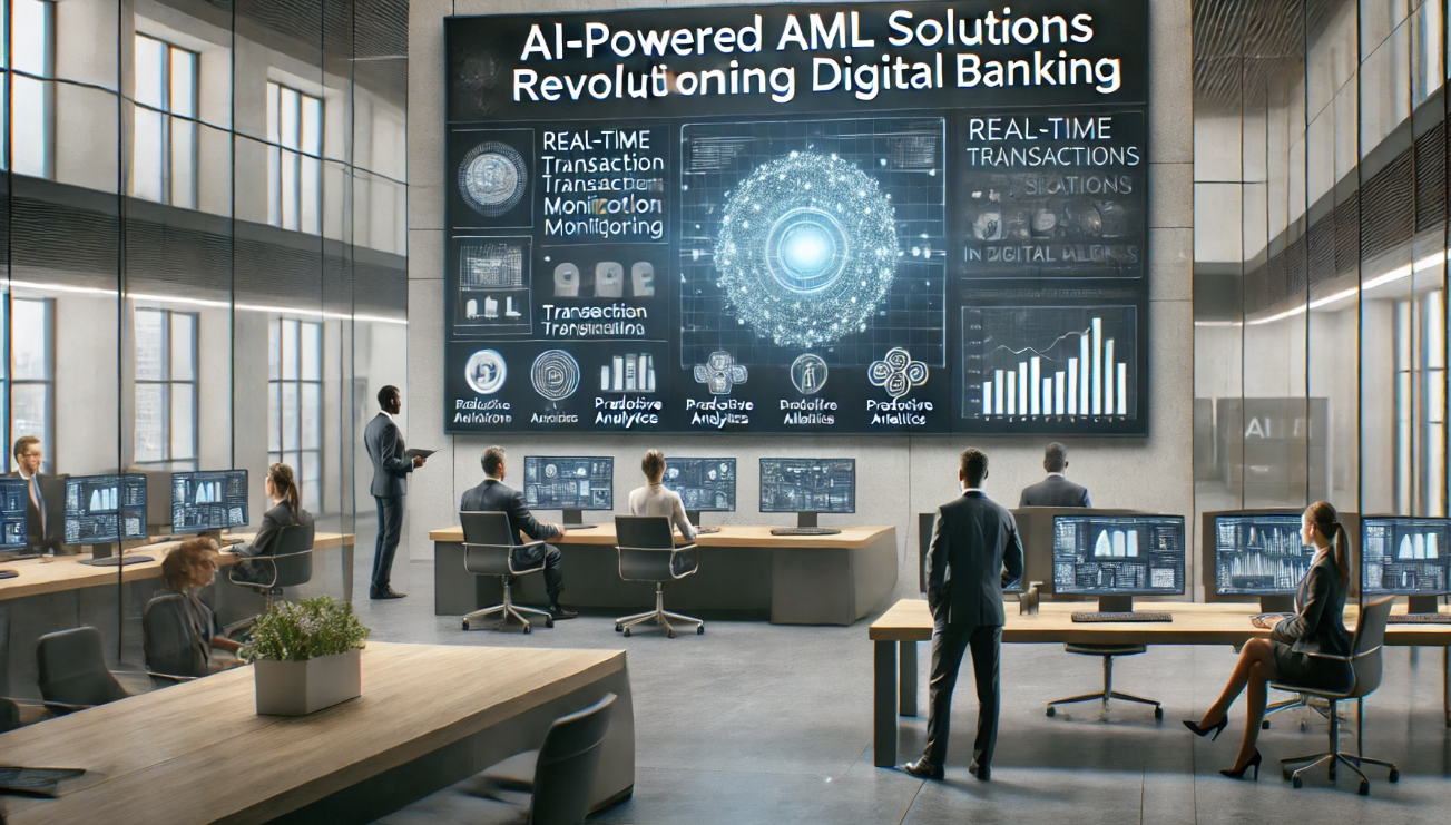 Professionals monitoring AI-powered AML solutions with real-time transaction data and predictive analytics in a modern financial institution workspace.